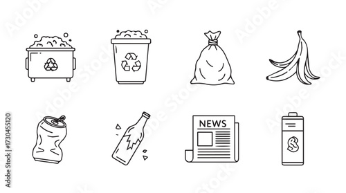 Collection of hand drawn icons representing waste and recycling materials for environmental concepts vector