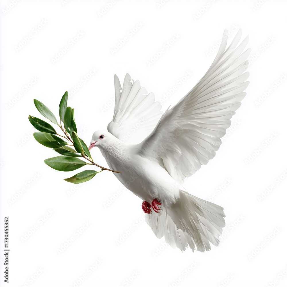 Obraz premium White dove with olive branch isolated, white background cut out png