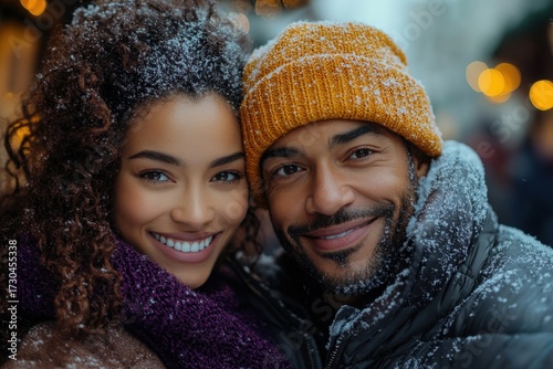 Couple in winter clothing smiling at camera.