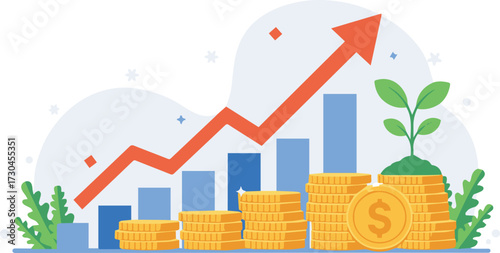 Witness financial growth with rising graph, coins, and sprouting plant for a thriving business, illustrating investment success and sustainable finance strategies