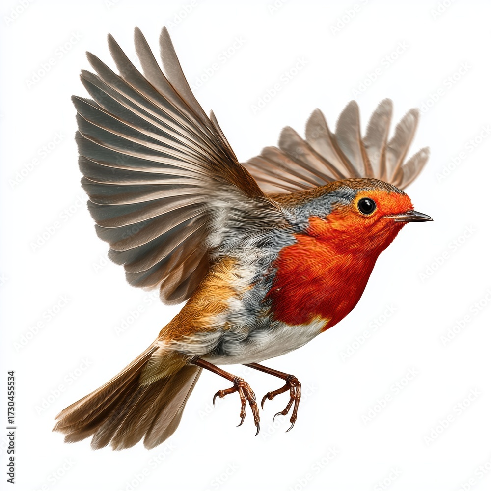 Fototapeta premium European robin in flight, isolated, white, background, png, cut, out, transparent, white background cut out png