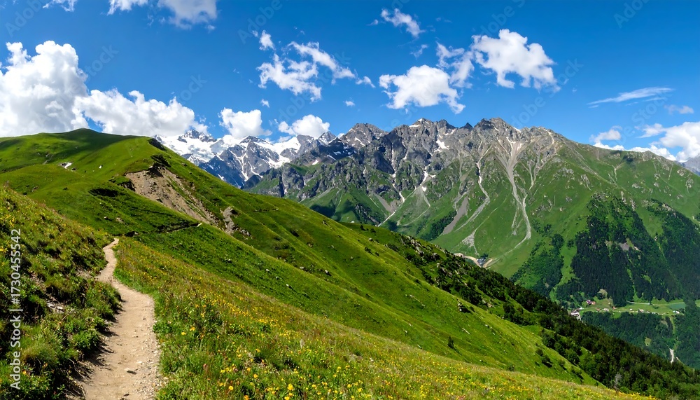 Obraz premium Lush mountain path under a blue sky