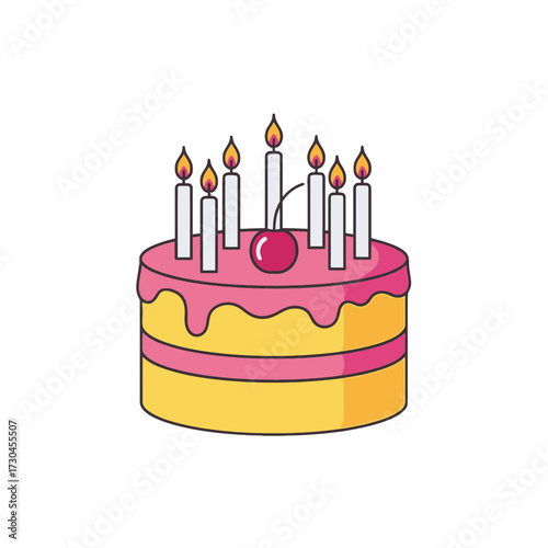 Cartoon birthday cake with pink frosting and lit candles.