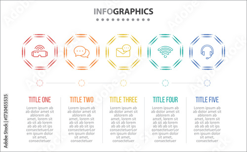 Vector Infographic design with icons. process diagram, flow chart, info graph, Infographics for business concept, presentations banner, workflow layout. 5 options or 5 steps. Horizontal Steps