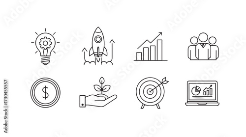Startup business concept icons set lightbulb rocket graph team money plant target laptop data visualization vector