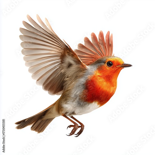 European robin bird in flight, white background cut out png