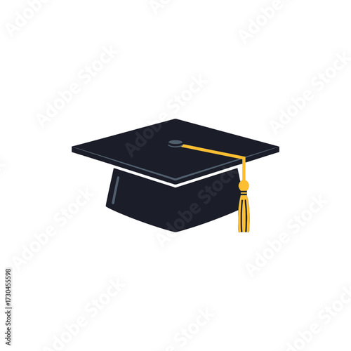 Black graduation cap with yellow tassel on white background.