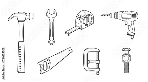 Collection of hand tools and power drill sketch drawings set for construction and diy projects vector
