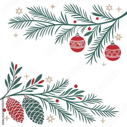 Christmas Tree Branches with Ornaments Pine Cones Berries and Stars pine branches fir tree