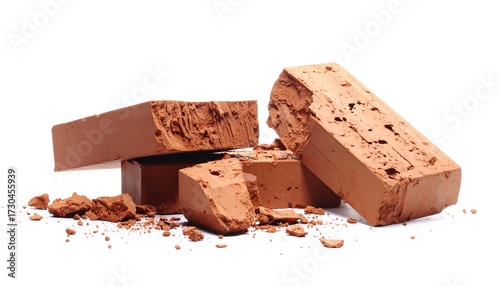 Broken terracotta bricks on a white background