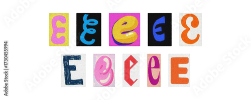 Magazine letter E cutouts collage set, colorful tiles on transparent PNG
