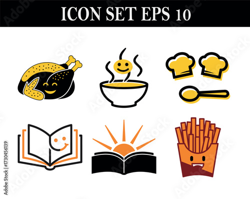 Vector art of icon set with food and education symbols