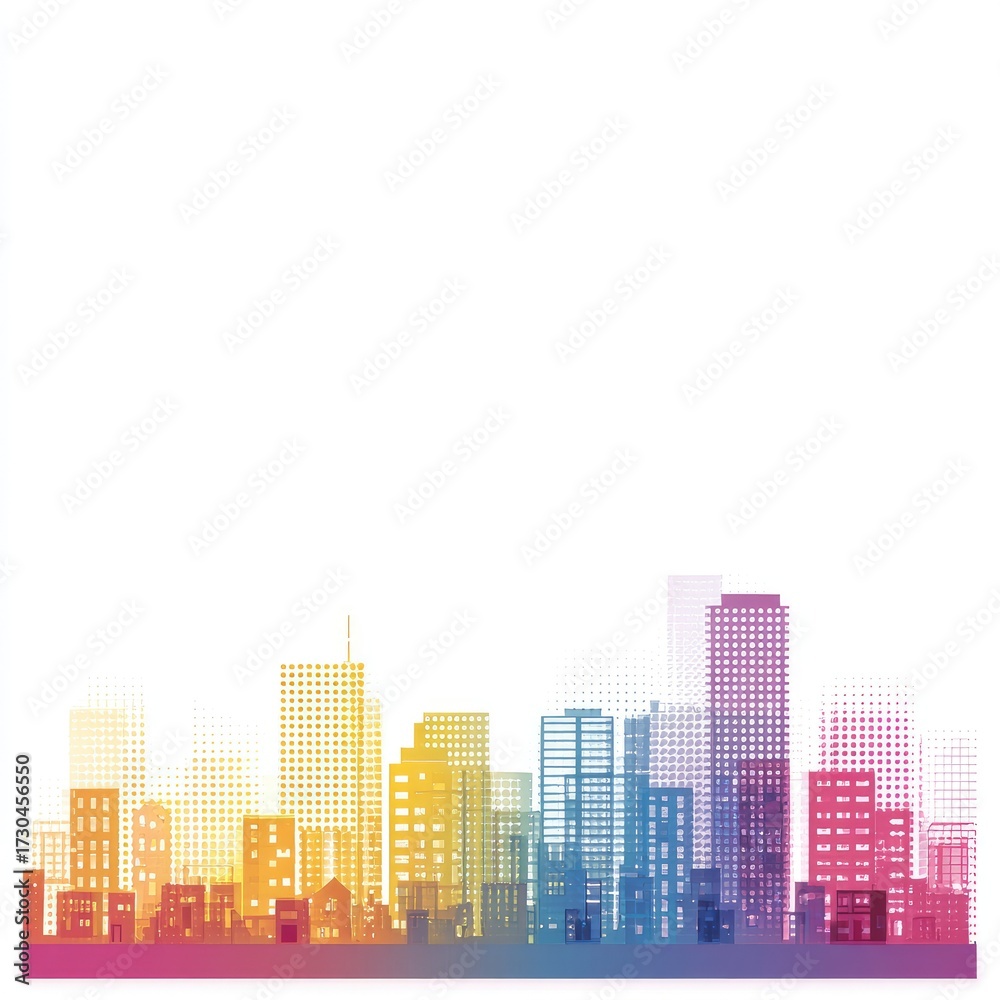 Fototapeta premium Colorful cityscape silhouette with dot pattern on white background