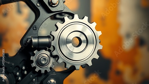 Business automation concept featuring an interlocking gear mechanism in metallic finish against an abstract background.