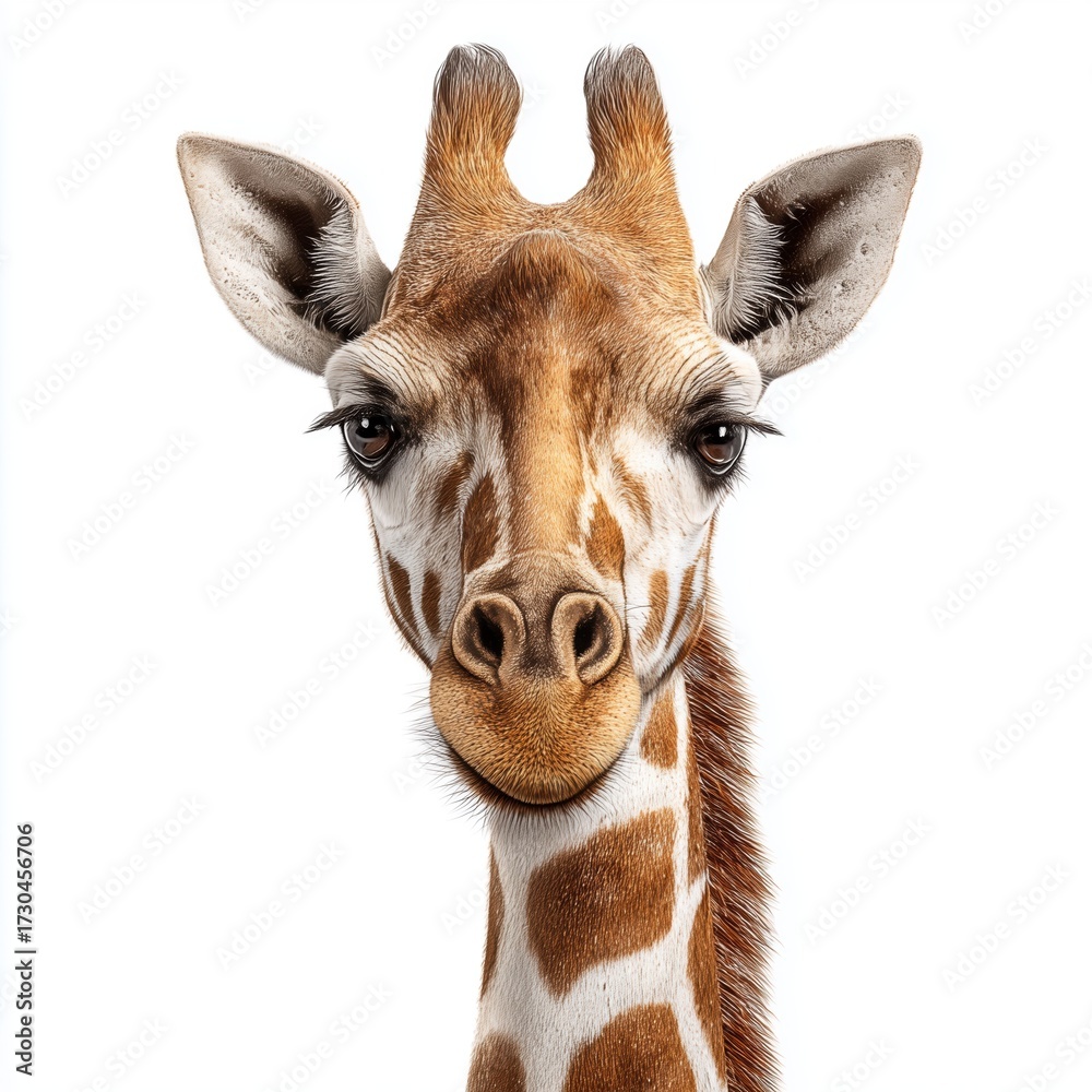 Fototapeta premium Close-up of a giraffe's face, isolated on a white background cut out png