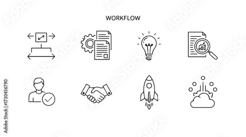 Business workflow icons set representing processes strategy innovation and growth concepts vector