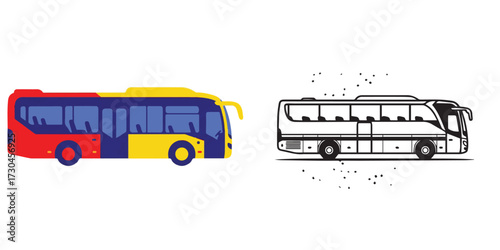 Two Bus Illustrations in Color and Black and White