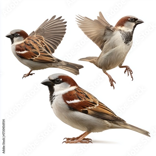 Sparrows in different poses isolated on white background cut out png, white background cut out png