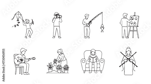 Collection of rustic line art sketches depicting outdoor activities and rural life vector