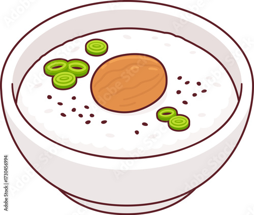 Kayu (Okayu), traditional Japanese rice porridge topped with umeboshi pickled plum and green onions. Cartoon vector clip art illustration.