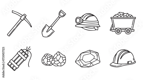 Mining tools and equipment icons hand drawn sketch style for geological exploration and construction projects vector