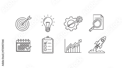 Business strategy icons set showing goals ideas planning growth and launch for startup success vector