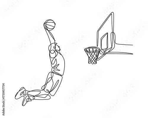 Black line art basketball player dunking on white background