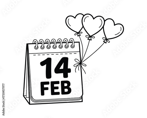 Calendar page showing February 14 with heart balloons with valentine concept 