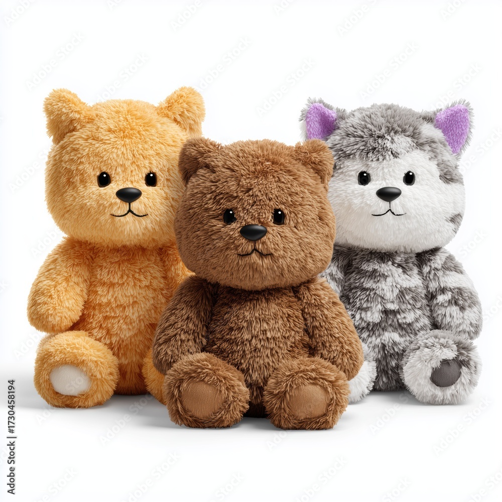 Obraz premium Three plush toys isolated on white background cut out png