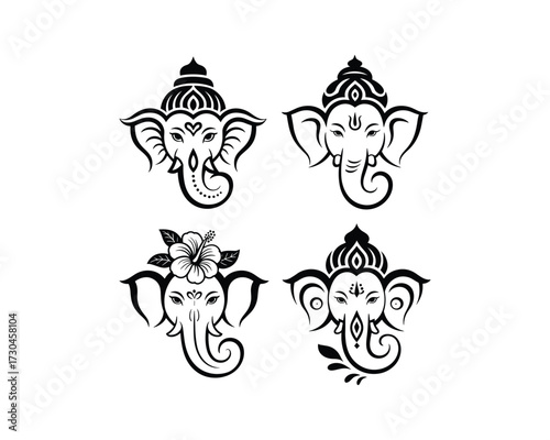 Hindi god Ganesh heads logo with decorative elements vector illustration