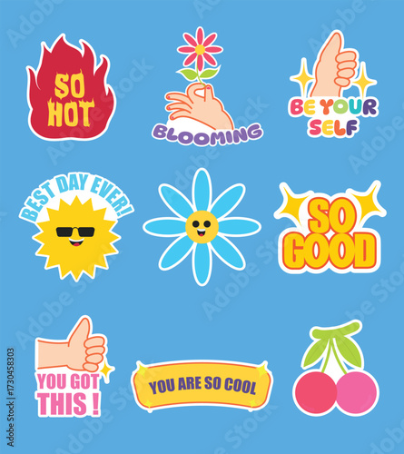 Colorful flat sticker set in kawaii style featuring motivational quotes, flowers, sun, cherries, fire, and hands, designed for positivity, lifestyle, fun, and creative projects