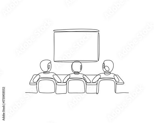 Three figures seated in chairs facing a screen abstract