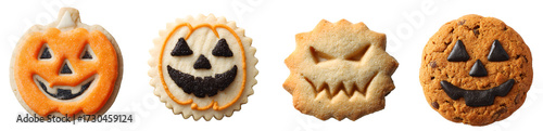 Scary and cute Halloween cookies isolated on white background, transparent PNG, cut out