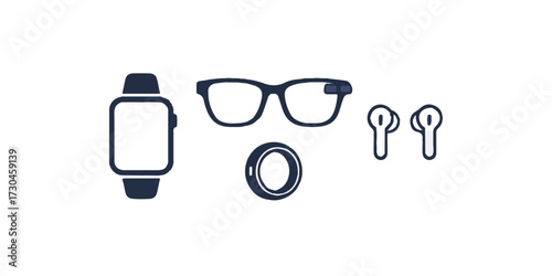Print  Clean vector illustration of a smart wearable ecosystem — watch, glasses, ring and earbuds arranged symmetrically — on white background.