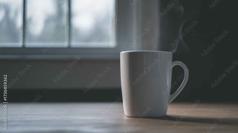 Fototapeta premium Minimal Matte White Ceramic Coffee Mug with Subtle Steam Rising, Placed on Light Wooden Surface, Soft Daylight from Window at Left