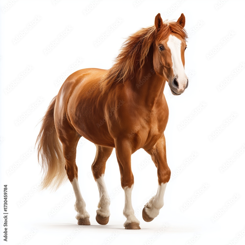 Obraz premium Chestnut horse running forward, isolated on white background cut out png