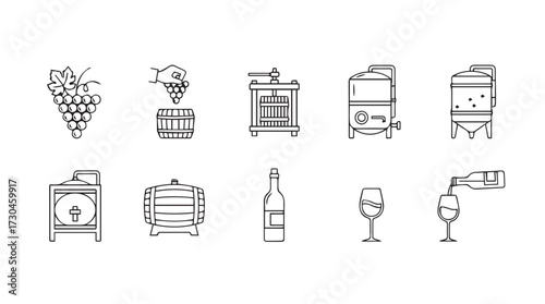 Set of hand drawn icons representing the winemaking process from grape harvesting to serving wine vector