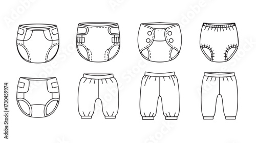 Collection of baby diaper and pant designs line art sketch for apparel manufacturing and fashion design vector