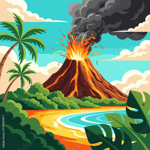 Volcanic Eruption on Tropical Island Paradise A Dynamic and Vivid Illustration