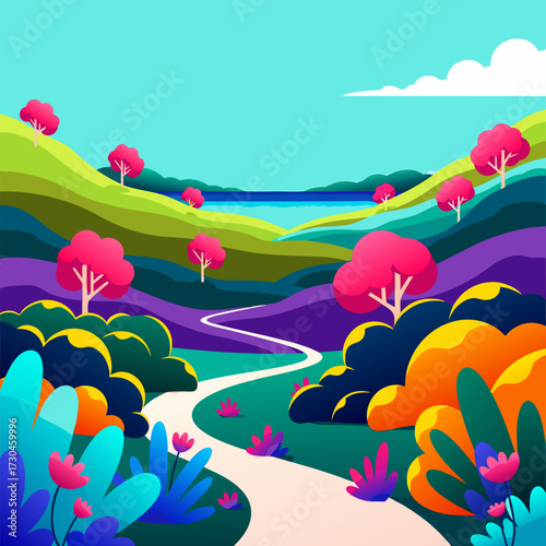 Beautiful imaginary landscape illustration with a winding path through colorful hills and surreal trees