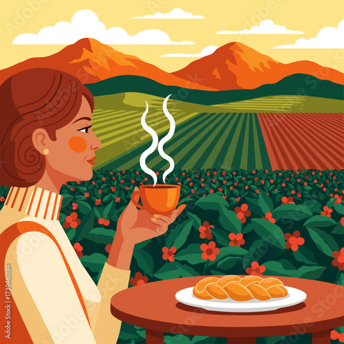 Woman Enjoying Coffee and Pastry Amidst a Lush Coffee Plantation with Mountains