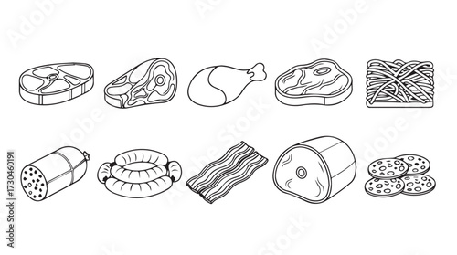 Hand drawn collection of various raw meats and butcher cuts for culinary artistry vector