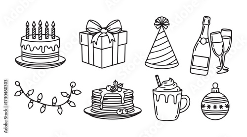 Hand drawn birthday celebration elements including cake gift box party hat and champagne vector