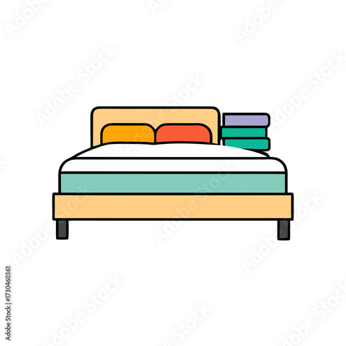 Flat vector illustration of a comfortable bed with pillows and blanket scalable for graphic design