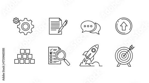 Business concept icons set gear document chat upload blocks magnifying glass rocket target vector