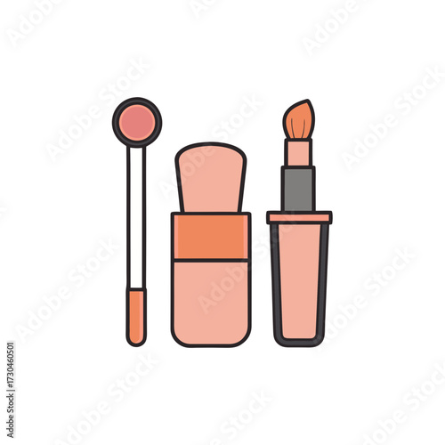 Flat vector illustration collection of makeup brushes and cosmetics for beauty design