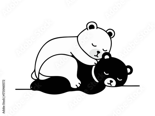Cute polar bear cub sleeping on a black bear, vector illustration of animal friendship