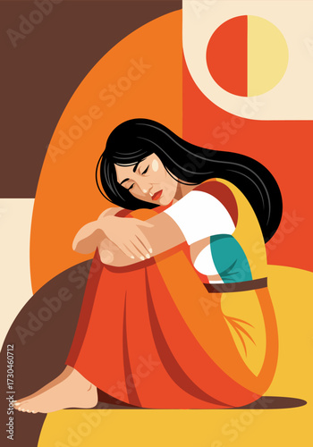 Stylized vector art of a young woman experiencing deep melancholy, solitude, and quiet contemplation in a graphic design