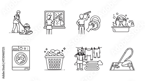 Set of cleaning service icons depicting household chores and appliances for home maintenance vector