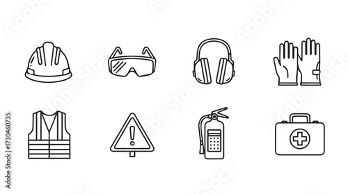 Set of industrial safety equipment icons hand drawn style for workplace protection and osha compliance vector